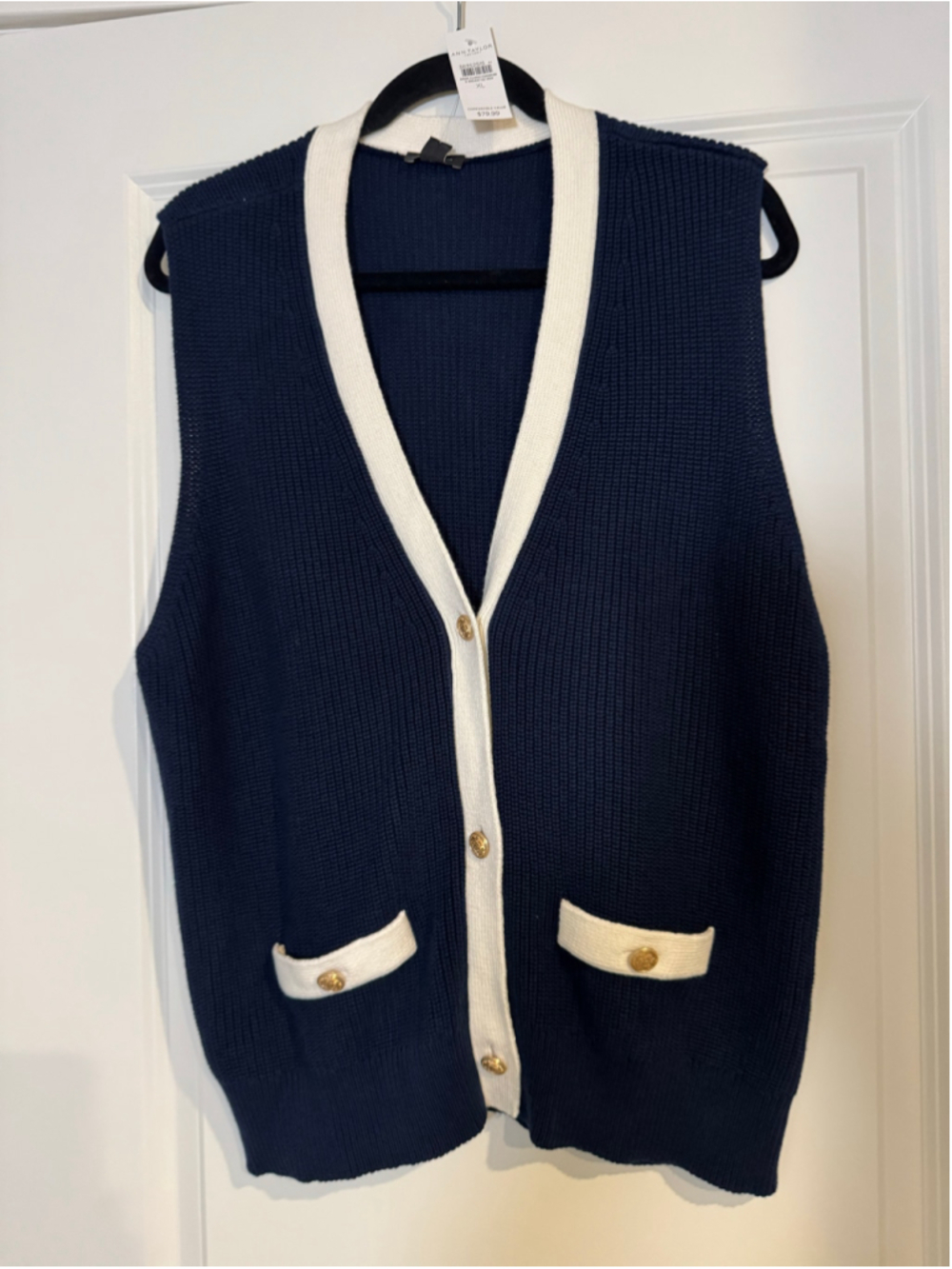 Women's Ann Taylor Factory Navy & White Knit Button Front Cardigan Vest, Size XL